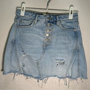 WE THE FREE Distressed Denim Mini Button Fly Skirt
